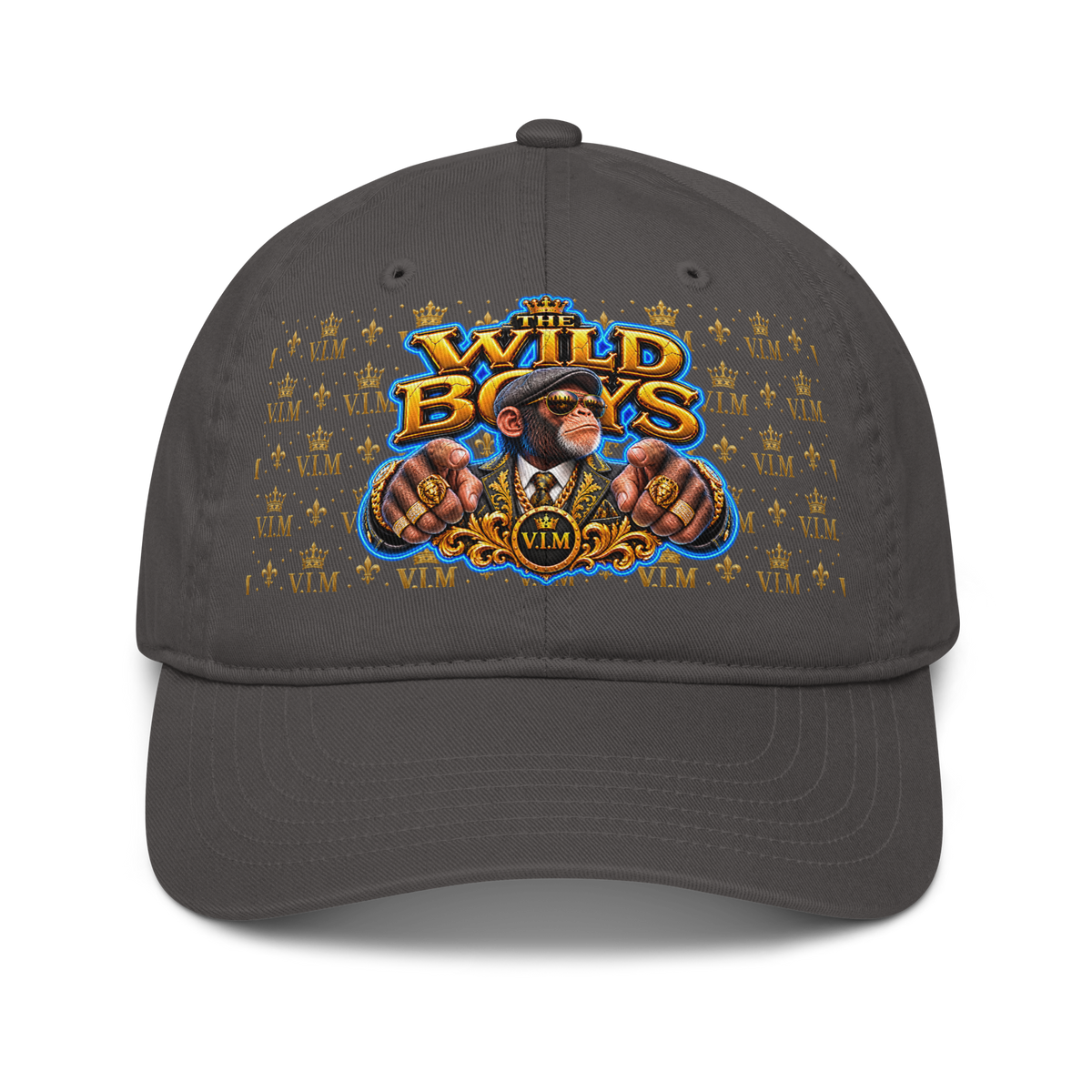 VIM Chimp Theme Dad Hat made of organic cotton, unstructured six-panel cap in dark gray with colorful graphic design for