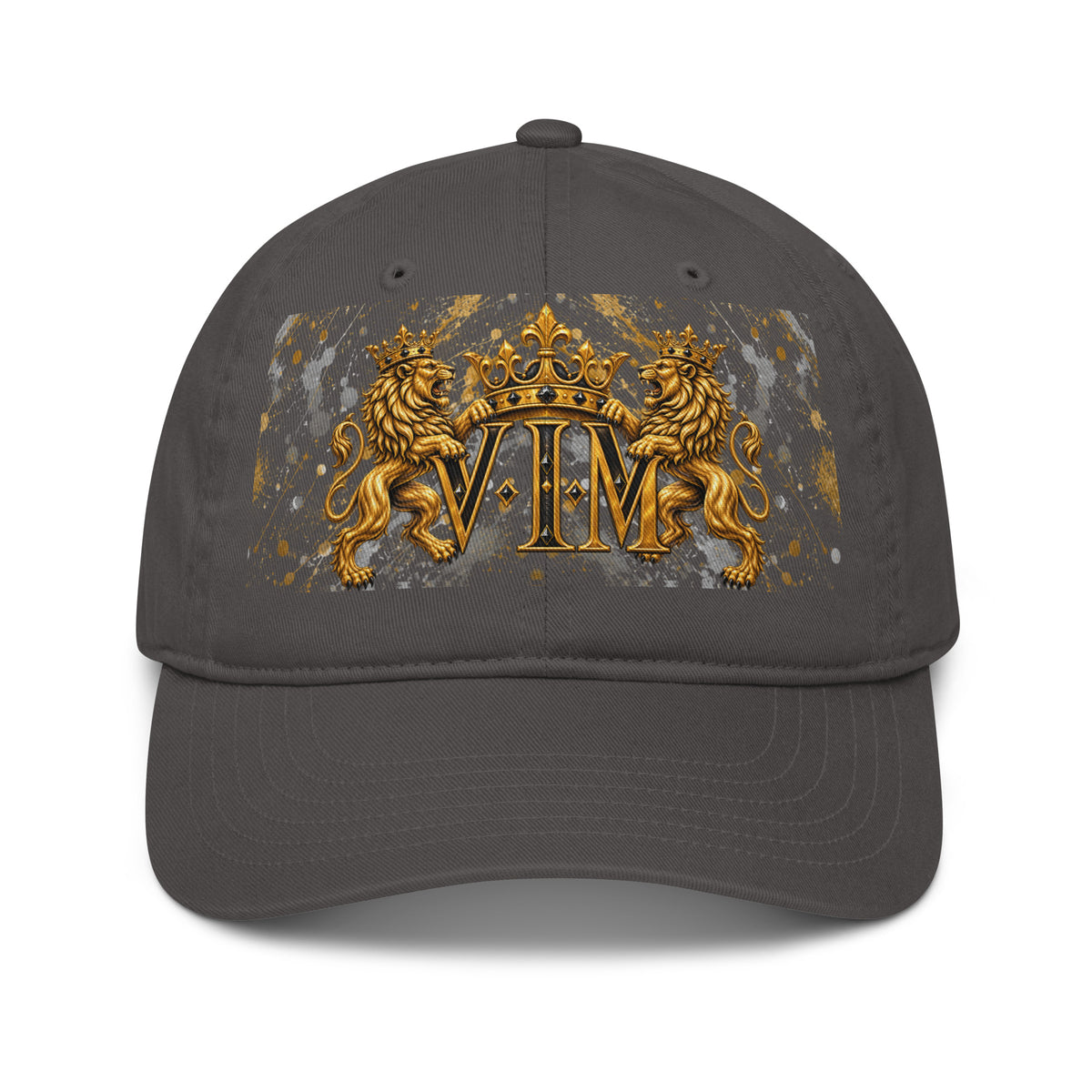 Velvet Ink Market Family Pride Twin Lion Crest Dad Hat in charcoal, front view featuring twin gold lions and a crowned VIM crest.