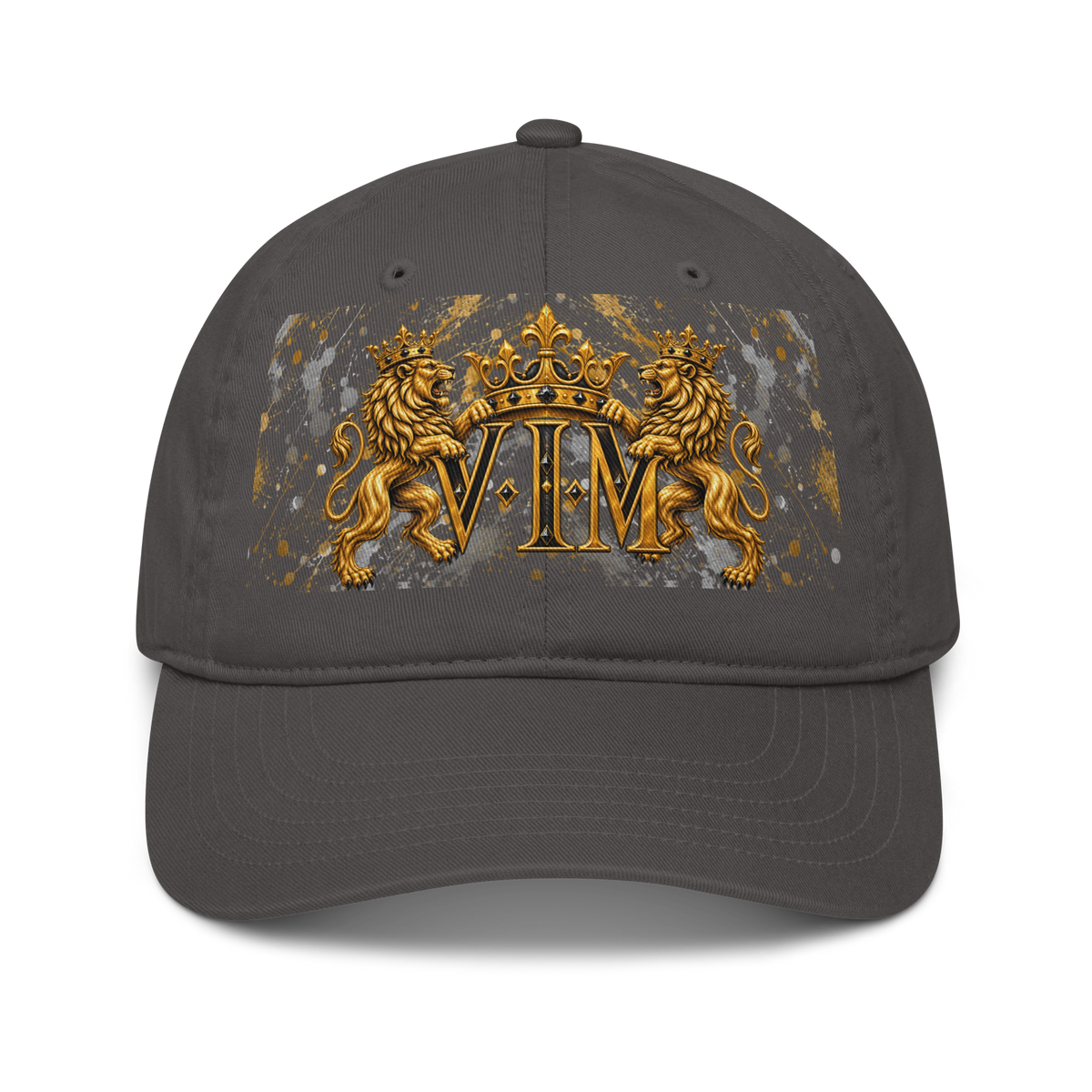 Charcoal Family Pride dad hat with twin gold lions, crown and VIM lettering, front view