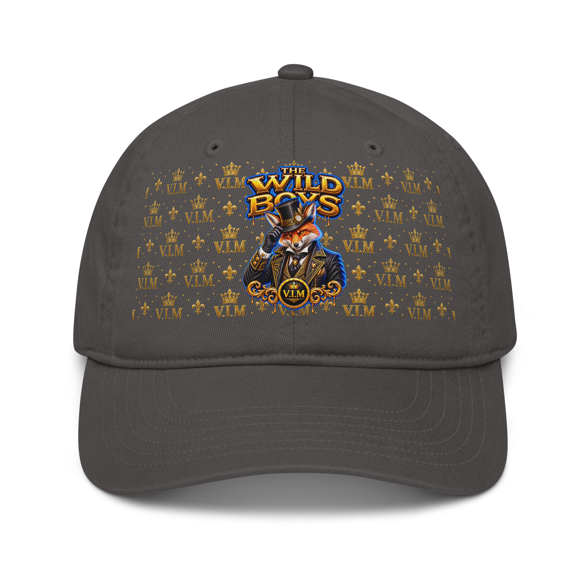 Charcoal Wild Boys Fox dad hat with orange fox, gold-and-blue lettering and gold V.I.M motifs, front view