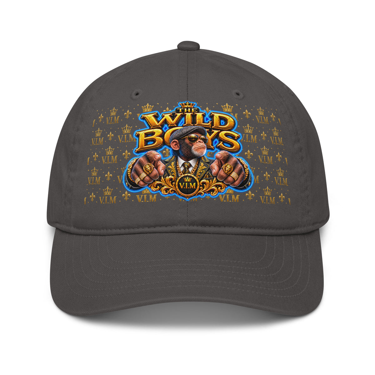 Charcoal Wild Boys Chimp dad hat with a suited chimp, gold-and-blue lettering and gold V.I.M motifs, front view