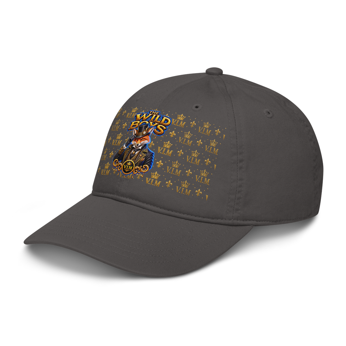 Organic Dad Hat By VIM Wild Boys Canine Edition in gray with colorful embroidered dog and crown design, made of breathable