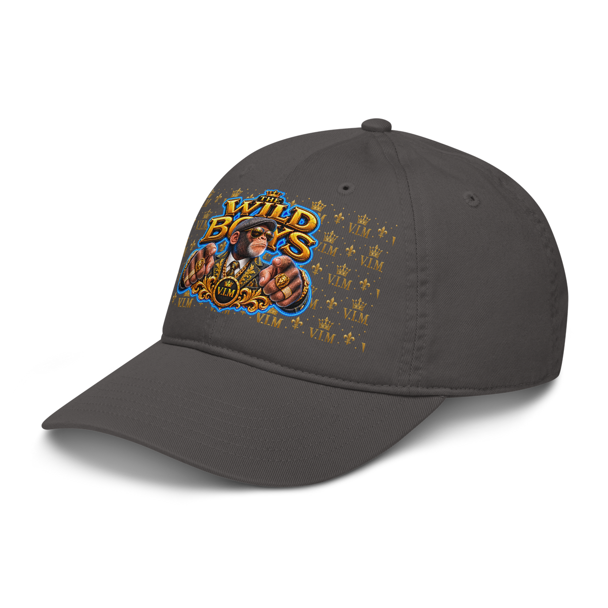 VIM Chimp Theme Dad Hat made of organic cotton, unstructured six-panel cap in dark gray with colorful graphic design for