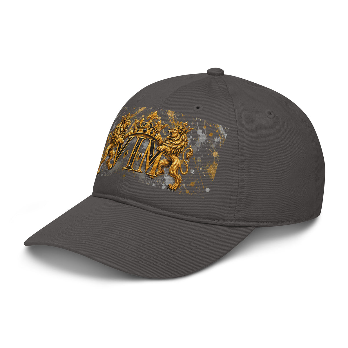 Velvet Ink Market Family Pride Twin Lion Crest Dad Hat in charcoal, left front view featuring twin gold lions and a crowned VIM crest.