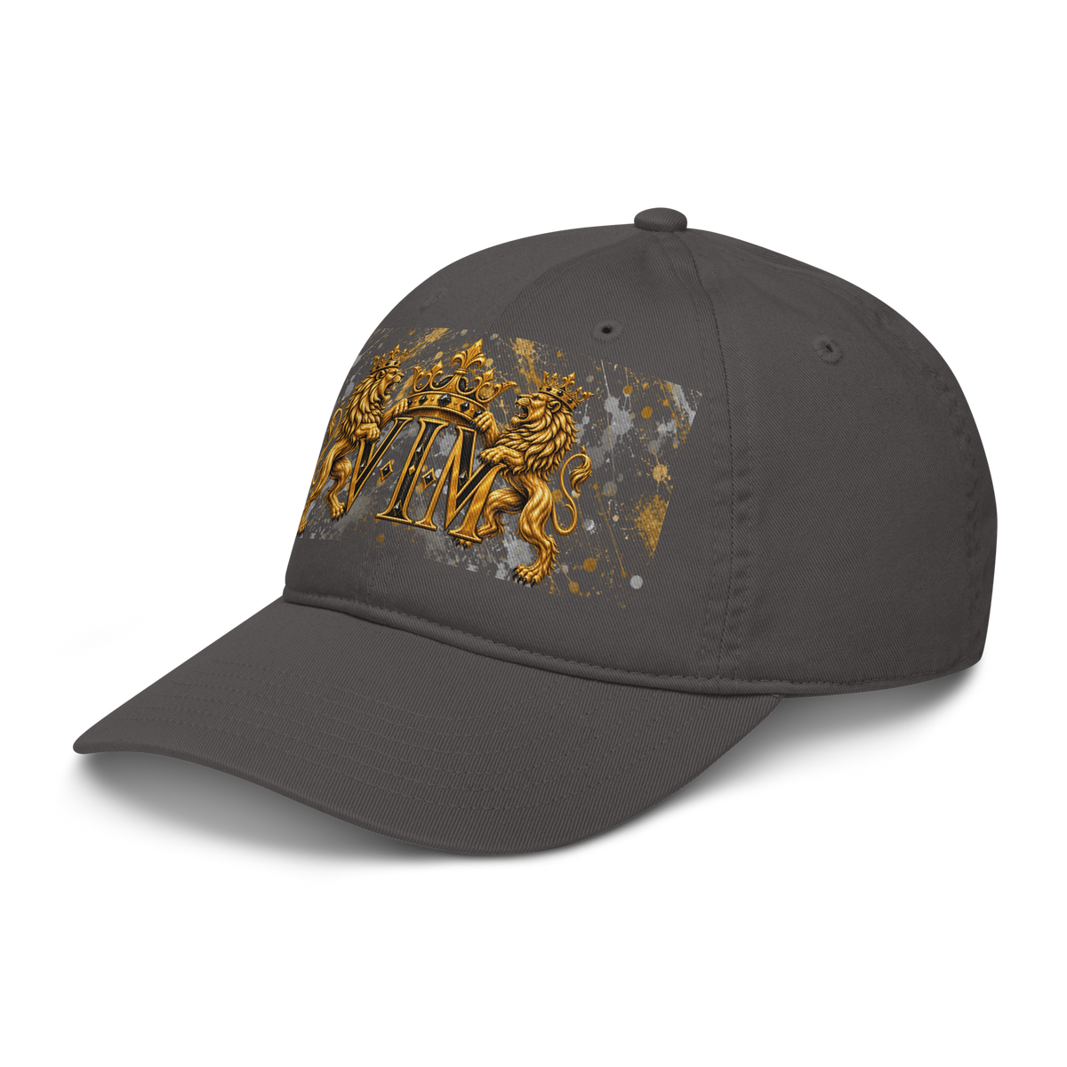 Charcoal Family Pride dad hat with twin gold lions and crowned VIM crest, angled front view, peak pointing left
