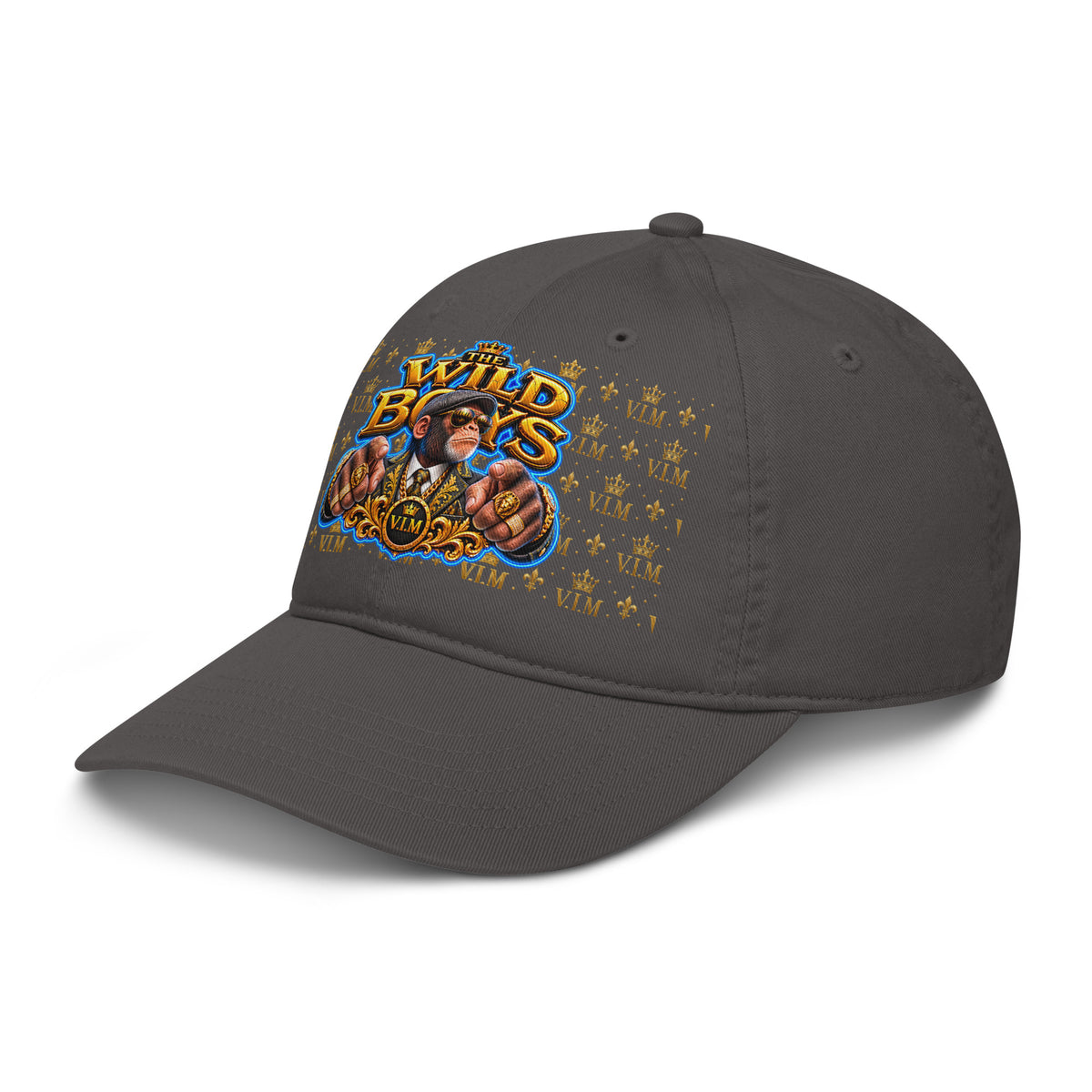 Charcoal Wild Boys Chimp dad hat with a suited chimp and gold-and-blue lettering, angled front view, peak pointing left