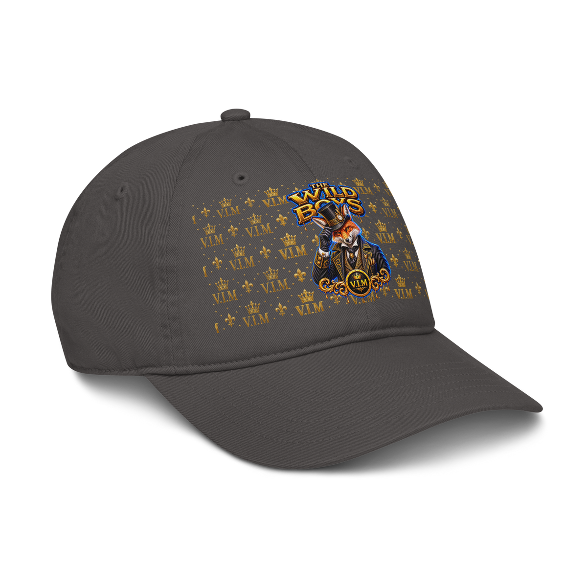Organic Dad Hat By VIM Wild Boys Canine Edition in gray with embroidered colorful fox and gold crown design, breathable