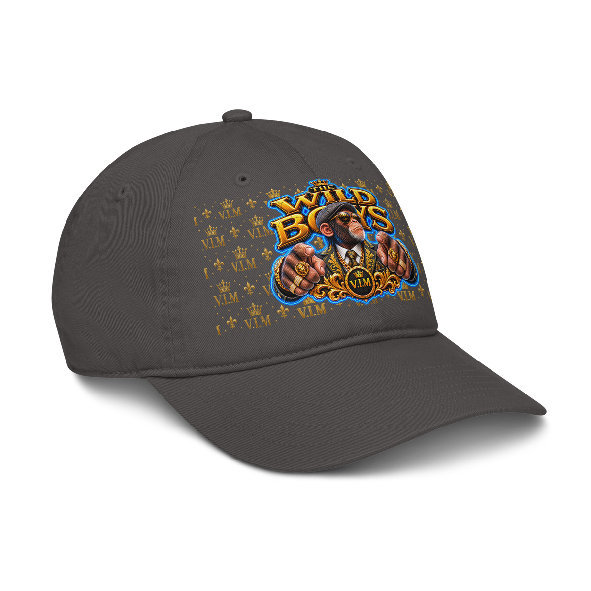 VIM Chimp Theme Dad Hat made of organic cotton, unstructured six-panel cap in gray with colorful graphic design for urban