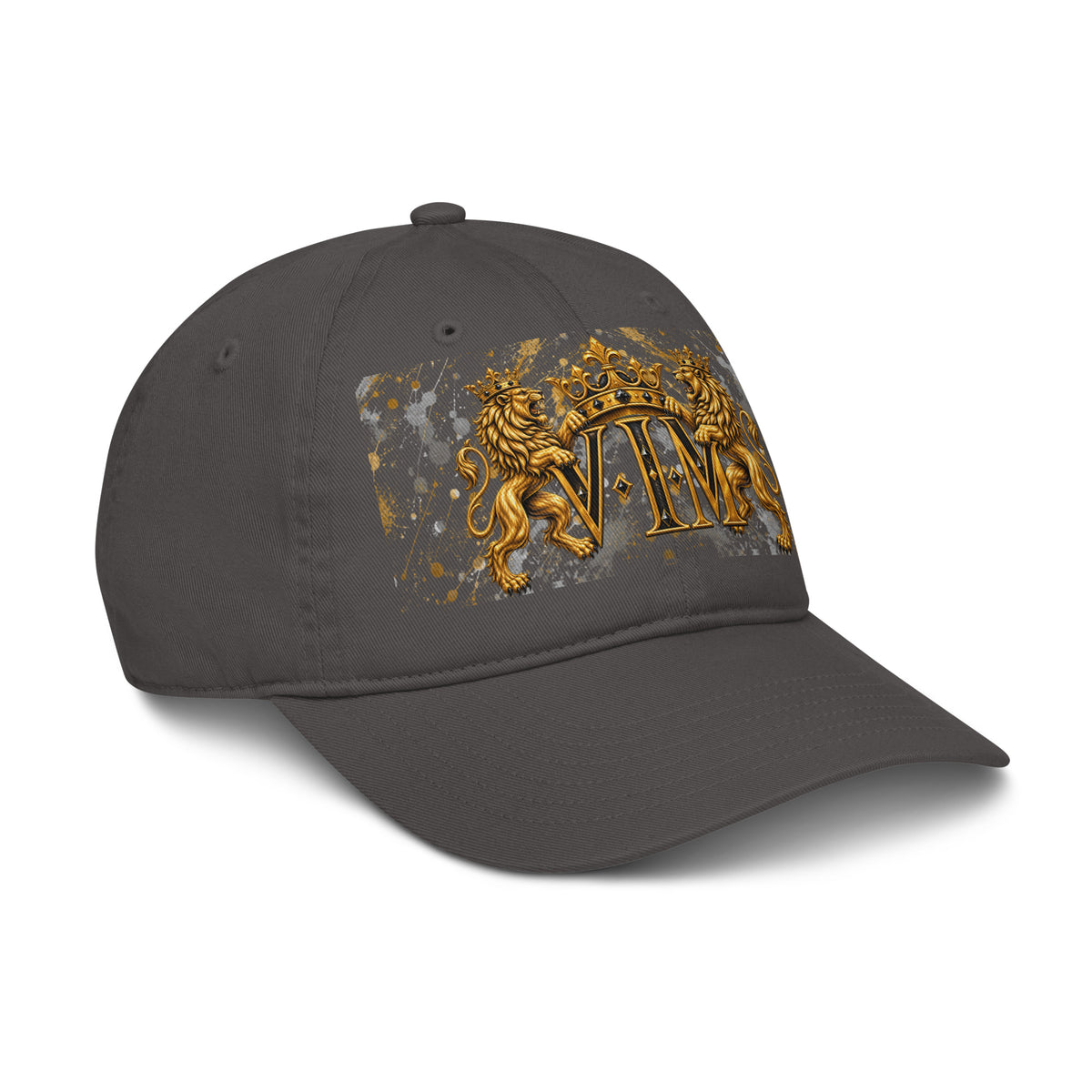 Velvet Ink Market Family Pride Twin Lion Crest Dad Hat in charcoal, right front view featuring twin gold lions and a crowned VIM crest.