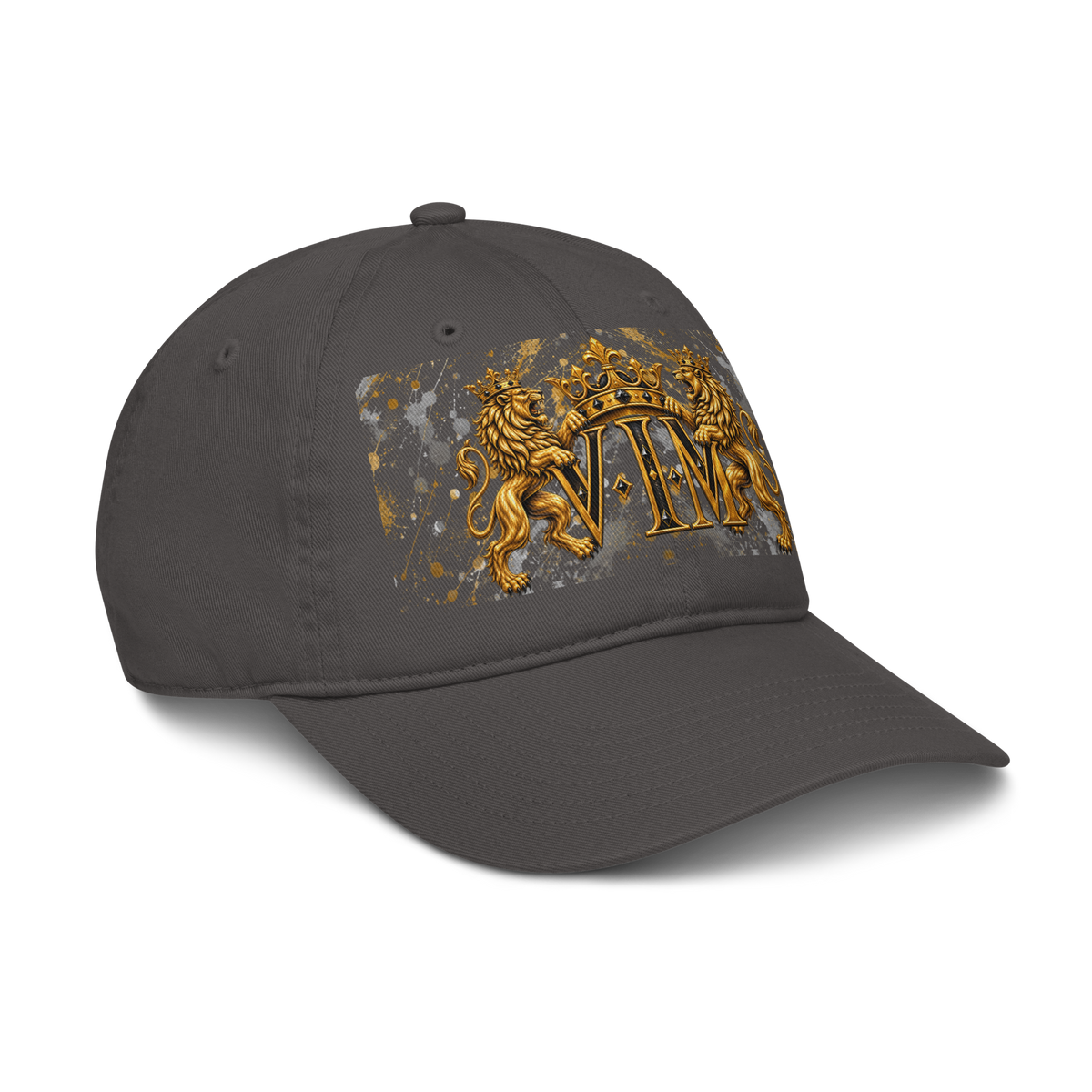 Charcoal Family Pride dad hat with twin gold lions and crowned VIM crest, angled front view, peak pointing right