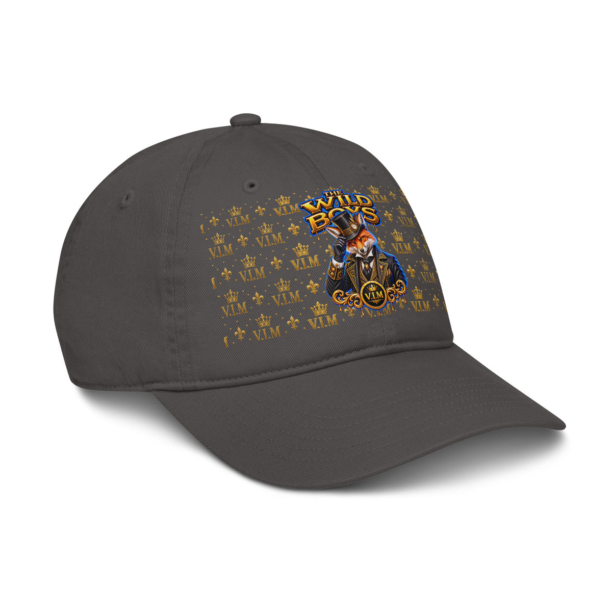 Charcoal Wild Boys Fox dad hat with orange fox and gold-and-blue lettering, angled front view, peak pointing right