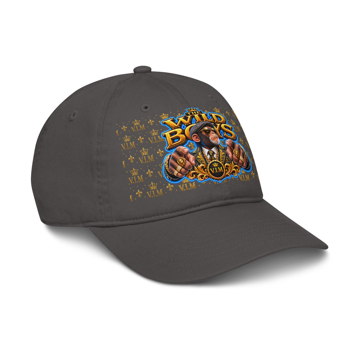 Charcoal Wild Boys Chimp dad hat with a suited chimp and gold-and-blue lettering, angled front view, peak pointing right