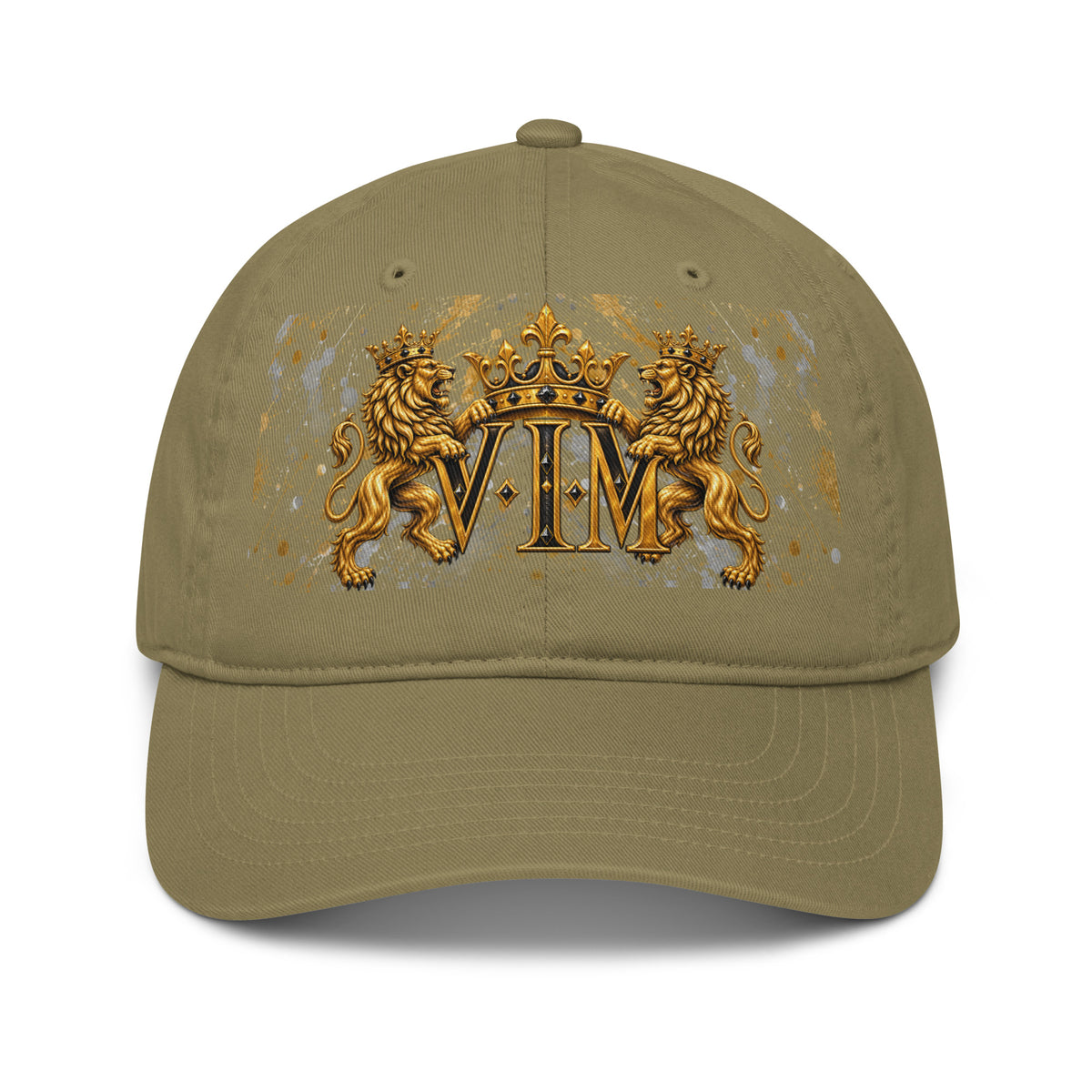 VIM Family Pride Organic Dad Hat for Dads with gold crest and lion design on khaki fabric, adjustable wearable heritage cap.