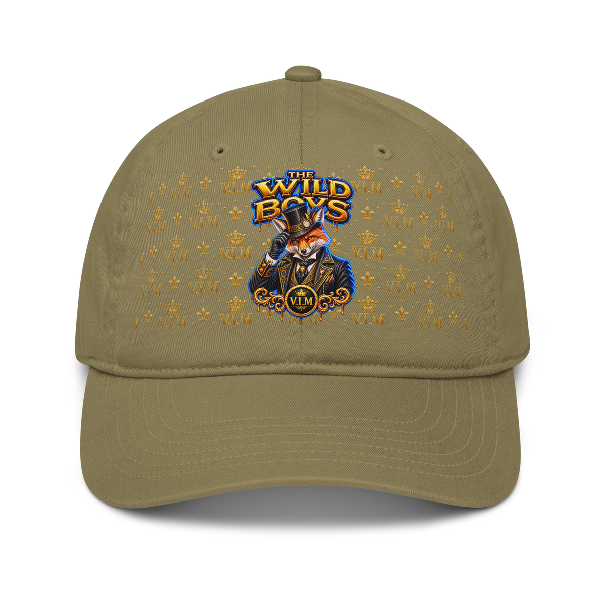 Organic Dad Hat By VIM Wild Boys Canine Edition in beige with embroidered colorful logo featuring a fox in a top hat, made