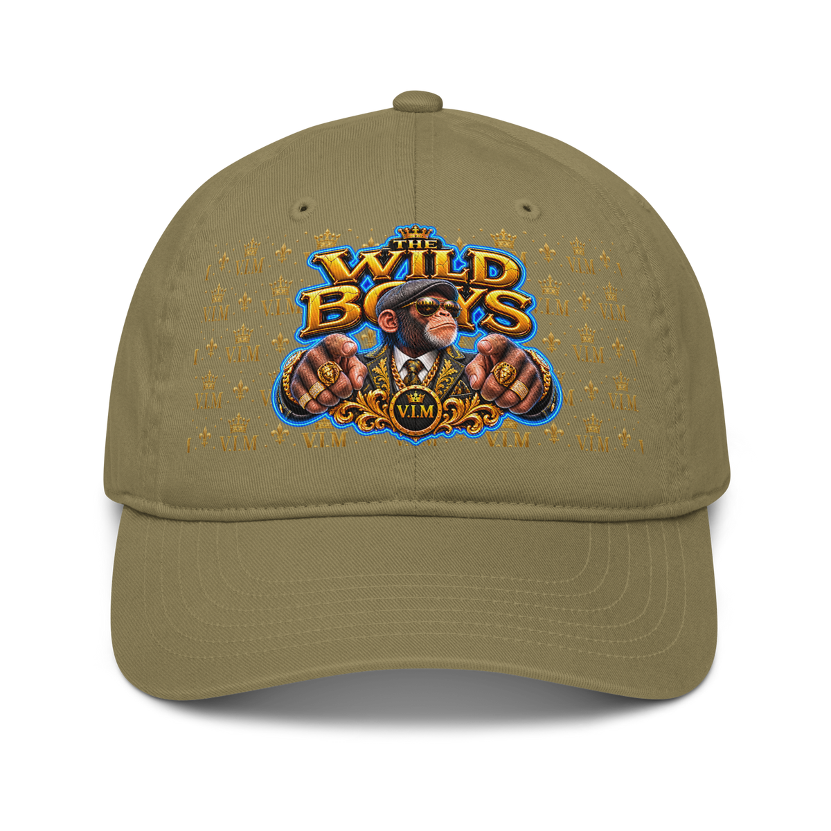 VIM Chimp Theme Dad Hat made of organic cotton, unstructured six-panel cap in khaki color with colorful graphic print for