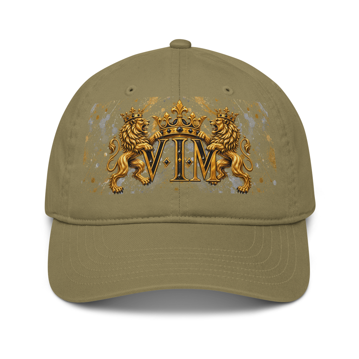 Jungle green Family Pride dad hat with twin gold lions, crown and VIM lettering, front view
