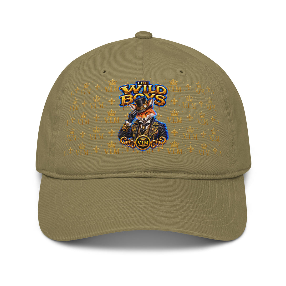 Jungle green Wild Boys Fox dad hat with orange fox, gold-and-blue lettering and gold V.I.M motifs, front view
