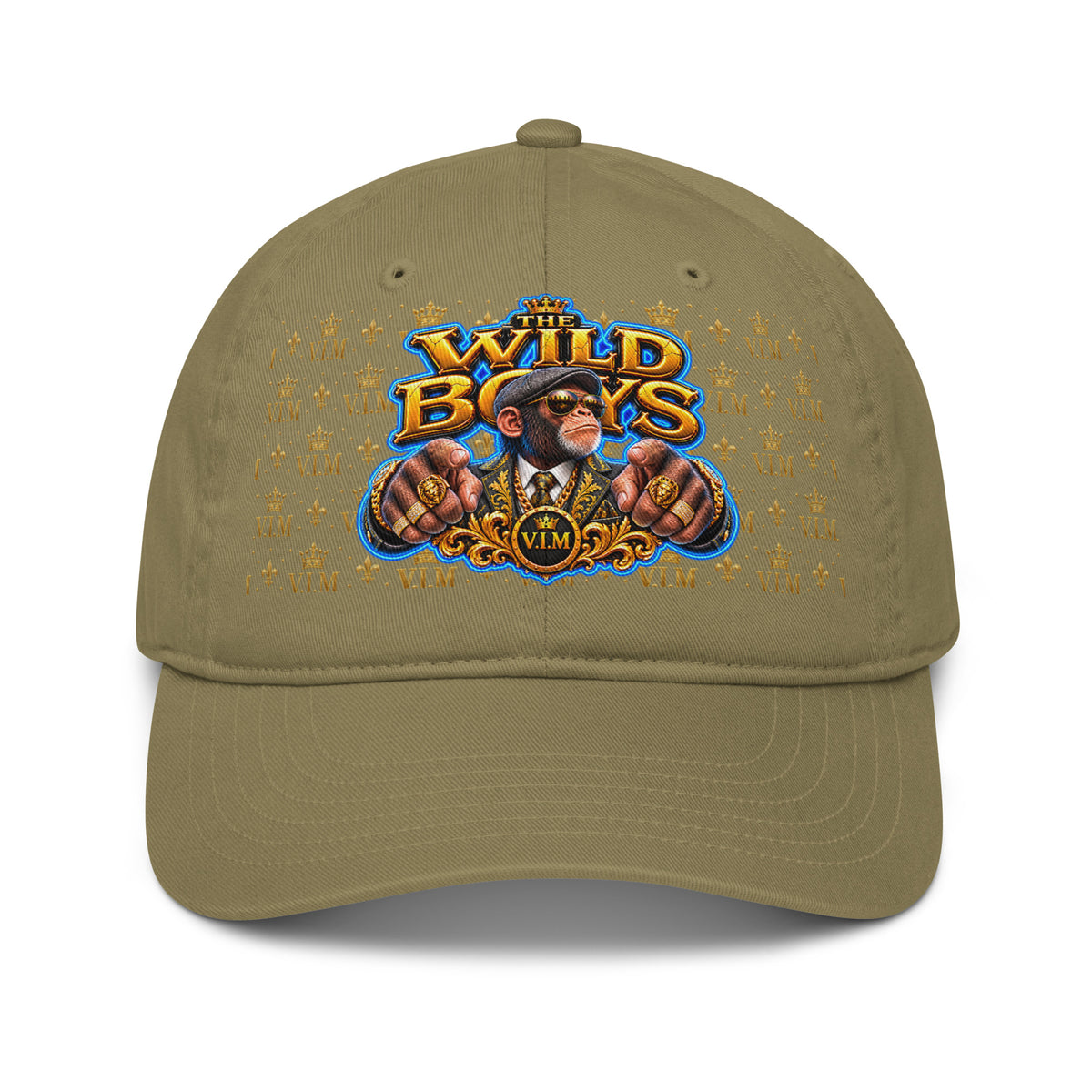 Jungle green Wild Boys Chimp dad hat with a suited chimp, gold-and-blue lettering and gold V.I.M motifs, front view
