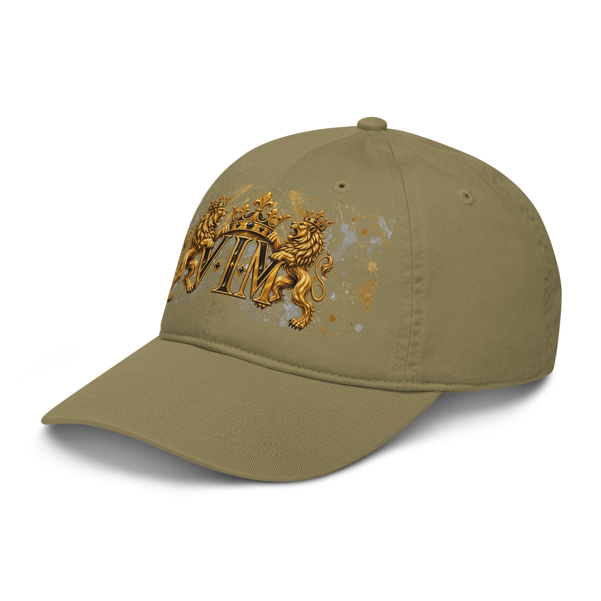 VIM Family Pride Organic Dad Hat for Dads with embroidered gold lion crest and heritage design in olive green color.