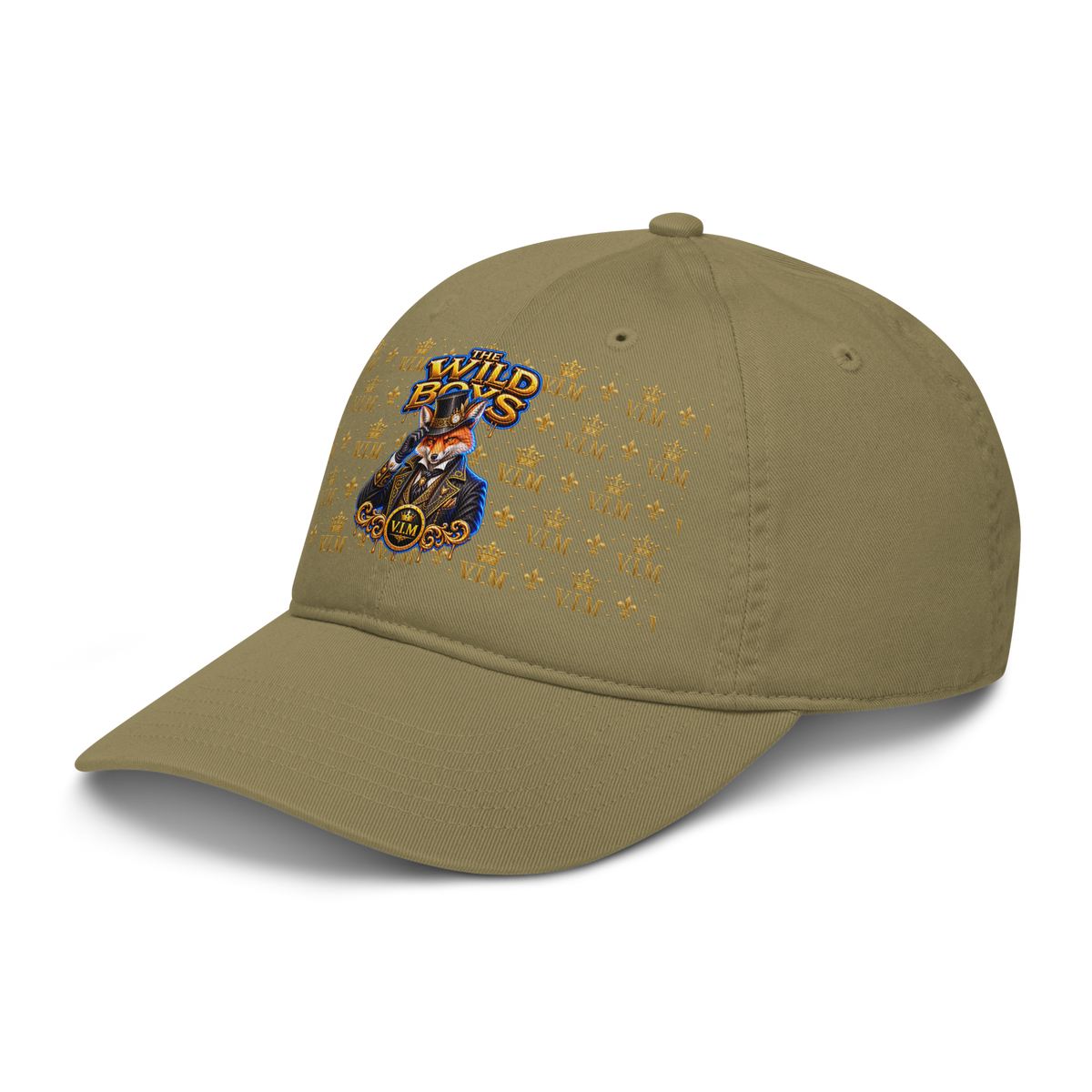 Organic Dad Hat By VIM Wild Boys Canine Edition in beige with embroidered colorful wolf and crown design, made of breathable