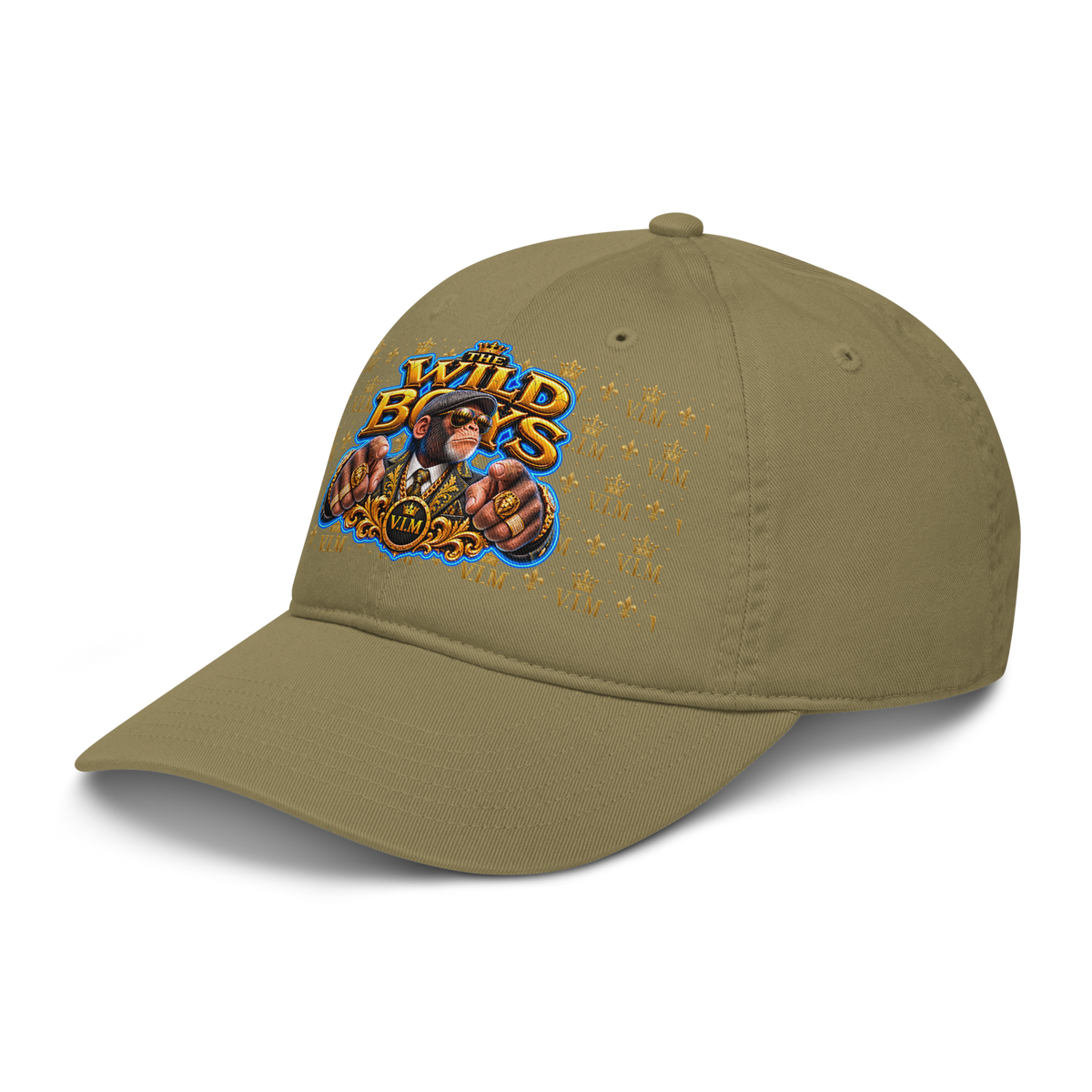 VIM Chimp Theme Dad Hat made of organic cotton, unstructured six-panel cap in beige with colorful graphic design for urban