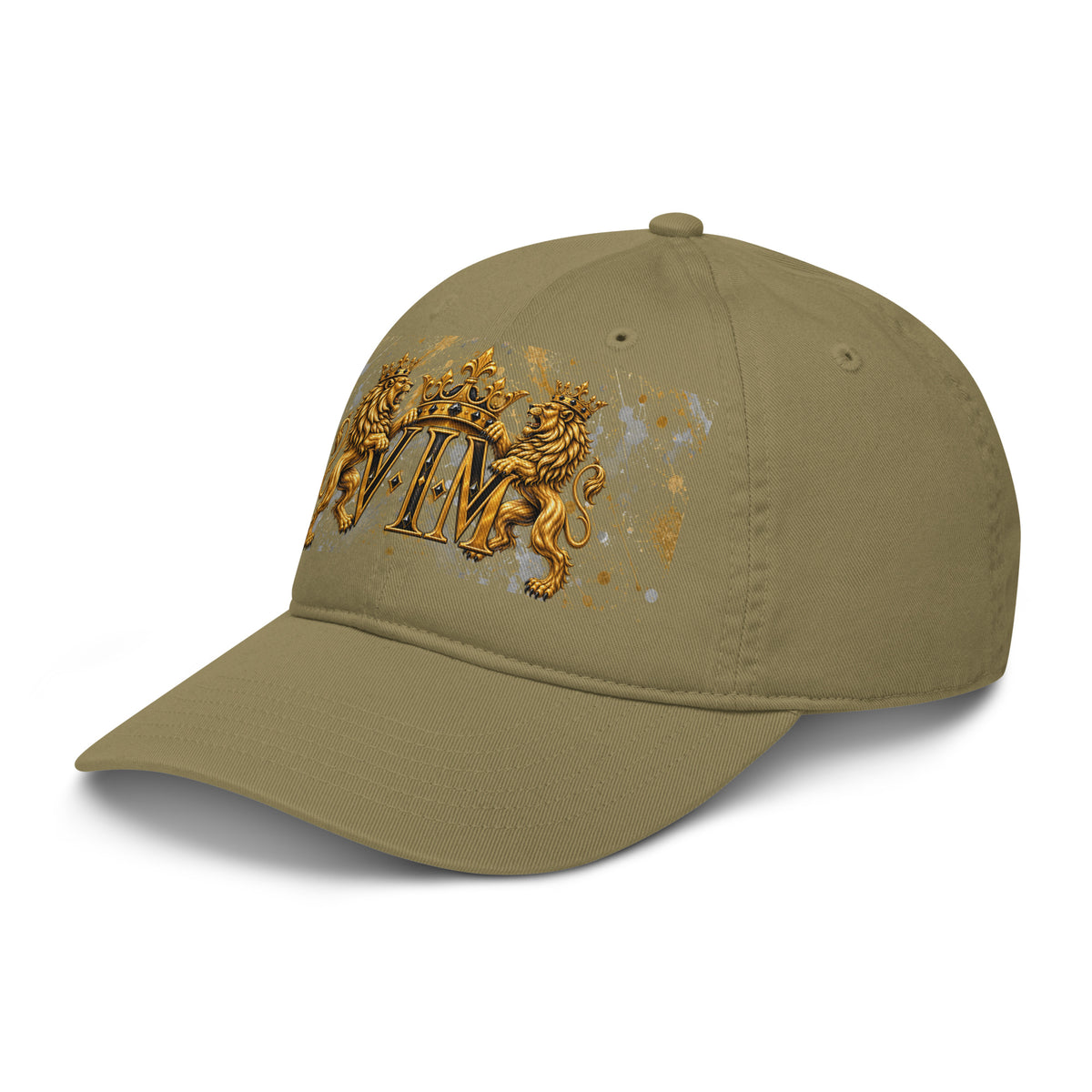 Velvet Ink Market Family Pride Twin Lion Crest Dad Hat in jungle, left front view featuring twin gold lions and a crowned VIM crest.