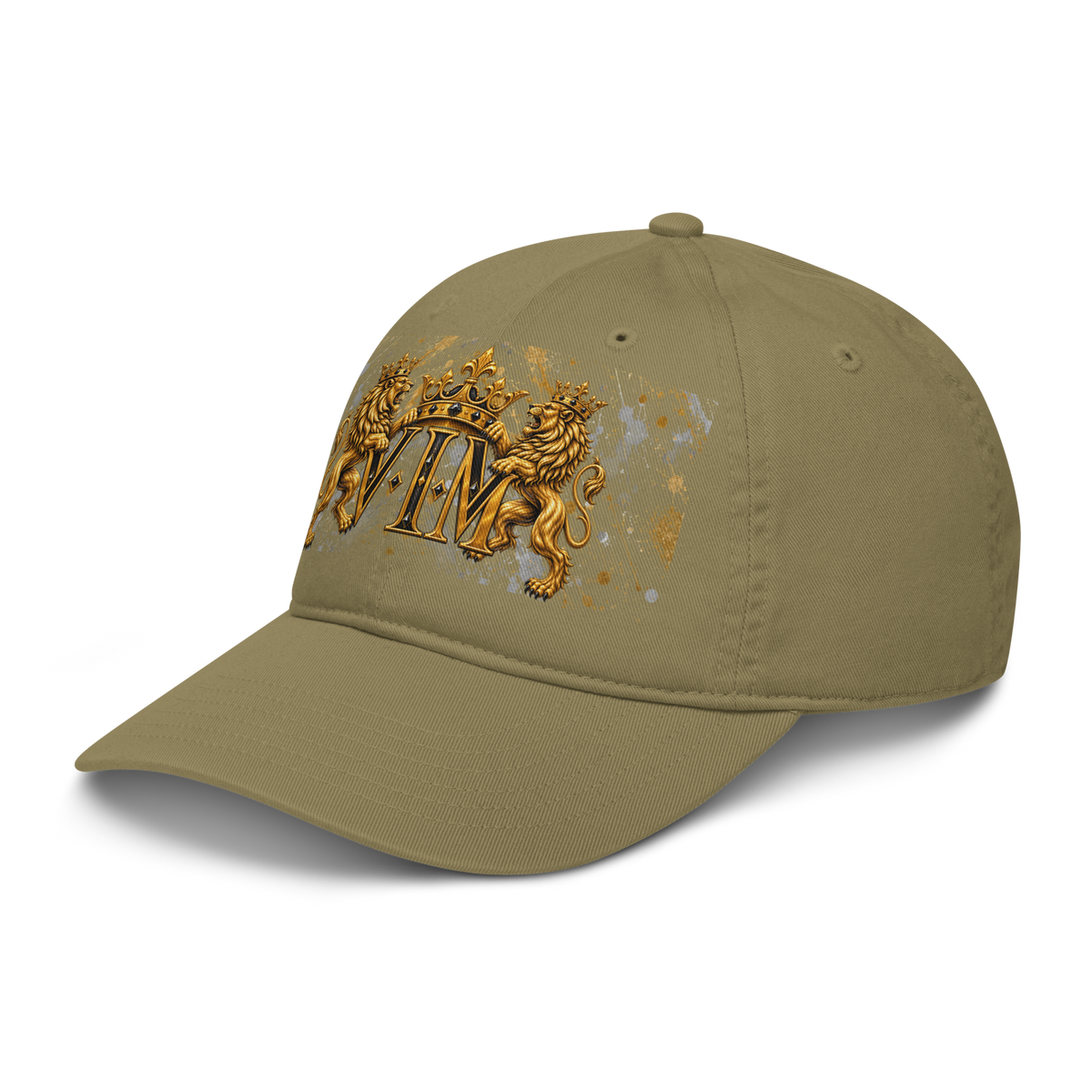 Jungle green Family Pride dad hat with twin gold lions and crowned VIM crest, angled front view, peak pointing left