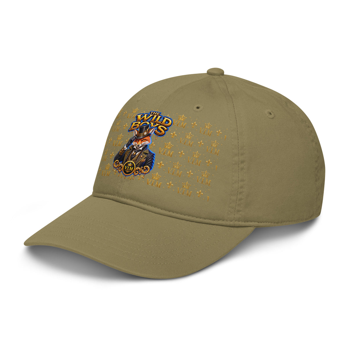 Jungle green Wild Boys Fox dad hat with orange fox and gold-and-blue lettering, angled front view, peak pointing left