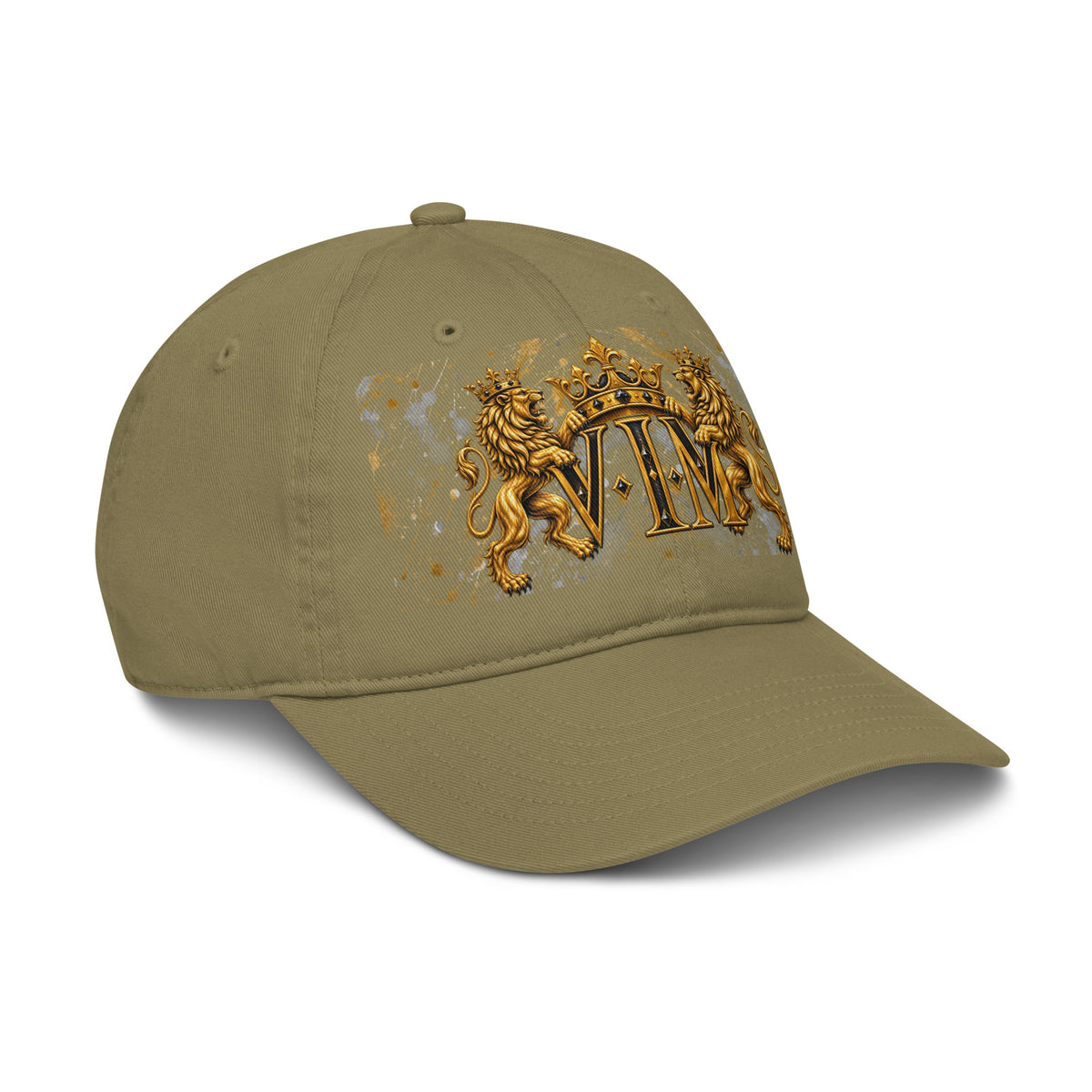 VIM Family Pride Organic Dad Hat for Dads with gold crest design on khaki fabric, adjustable wearable heritage premium