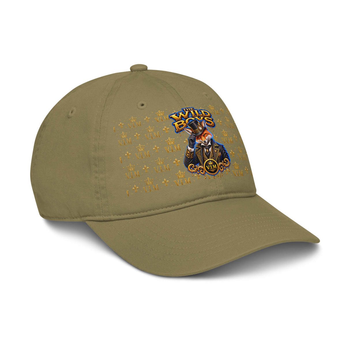 Organic Dad Hat By VIM Wild Boys Canine Edition in khaki color with embroidered graphic of a fox in a top hat, featuring