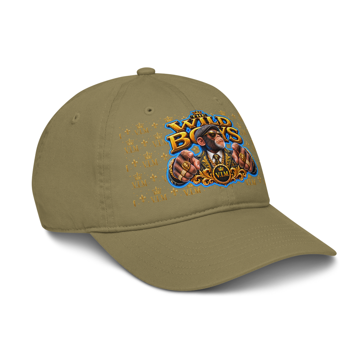 VIM Chimp Theme Dad Hat made of organic cotton, unstructured six-panel cap in khaki color for urban explorers, featuring a
