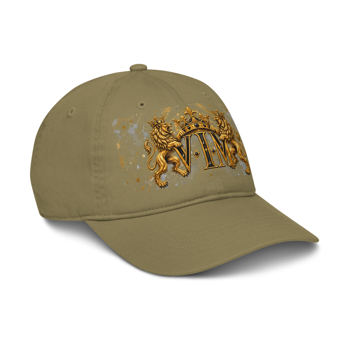 Jungle green Family Pride dad hat with twin gold lions and crowned VIM crest, angled front view, peak pointing right