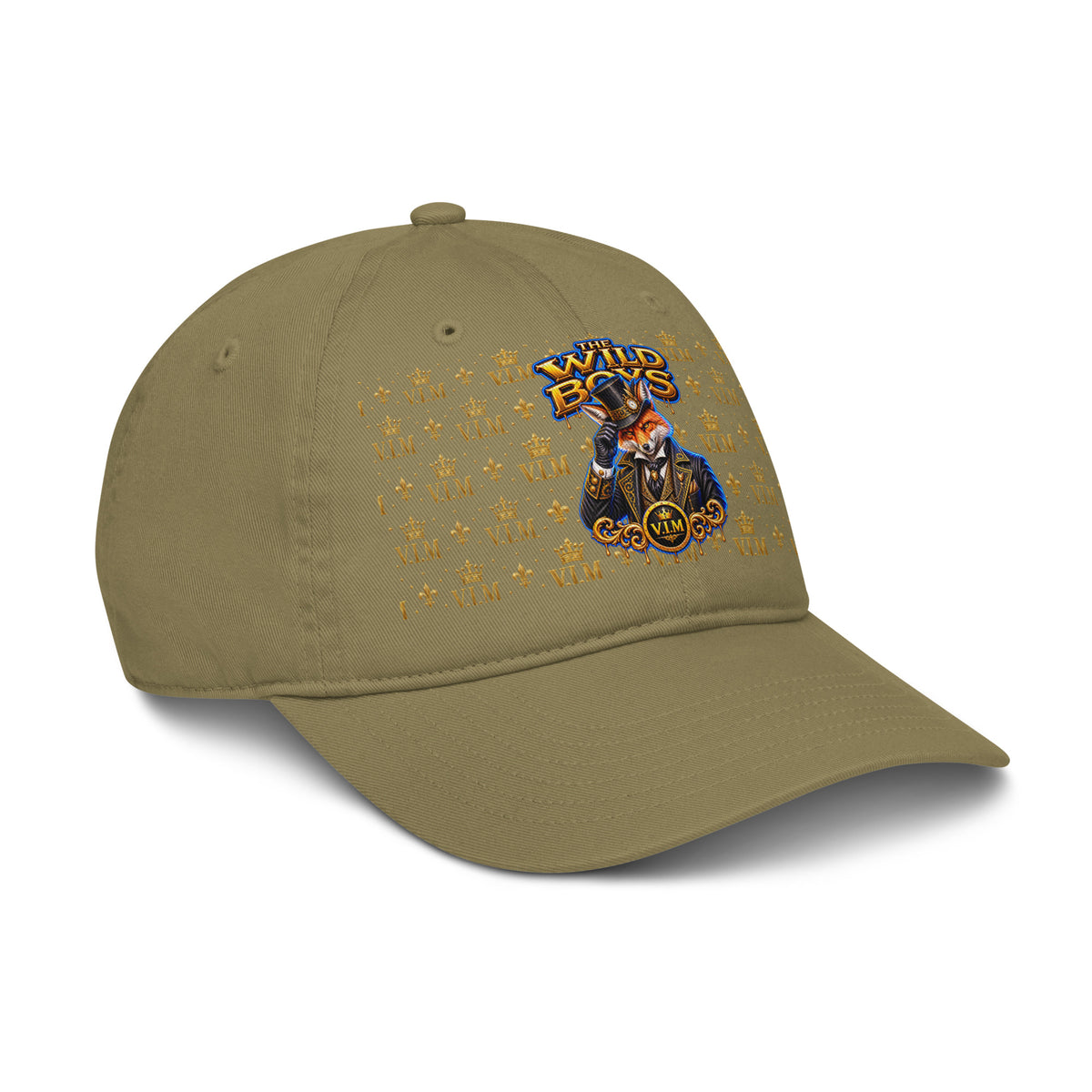 Jungle green Wild Boys Fox dad hat with orange fox and gold-and-blue lettering, angled front view, peak pointing right