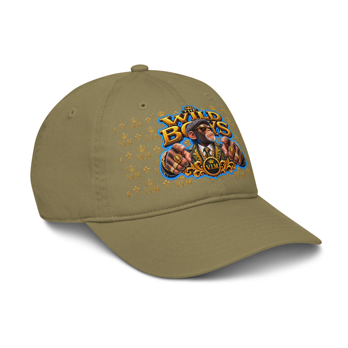 Jungle green Wild Boys Chimp dad hat with a suited chimp and gold-and-blue lettering, angled front view, peak pointing right