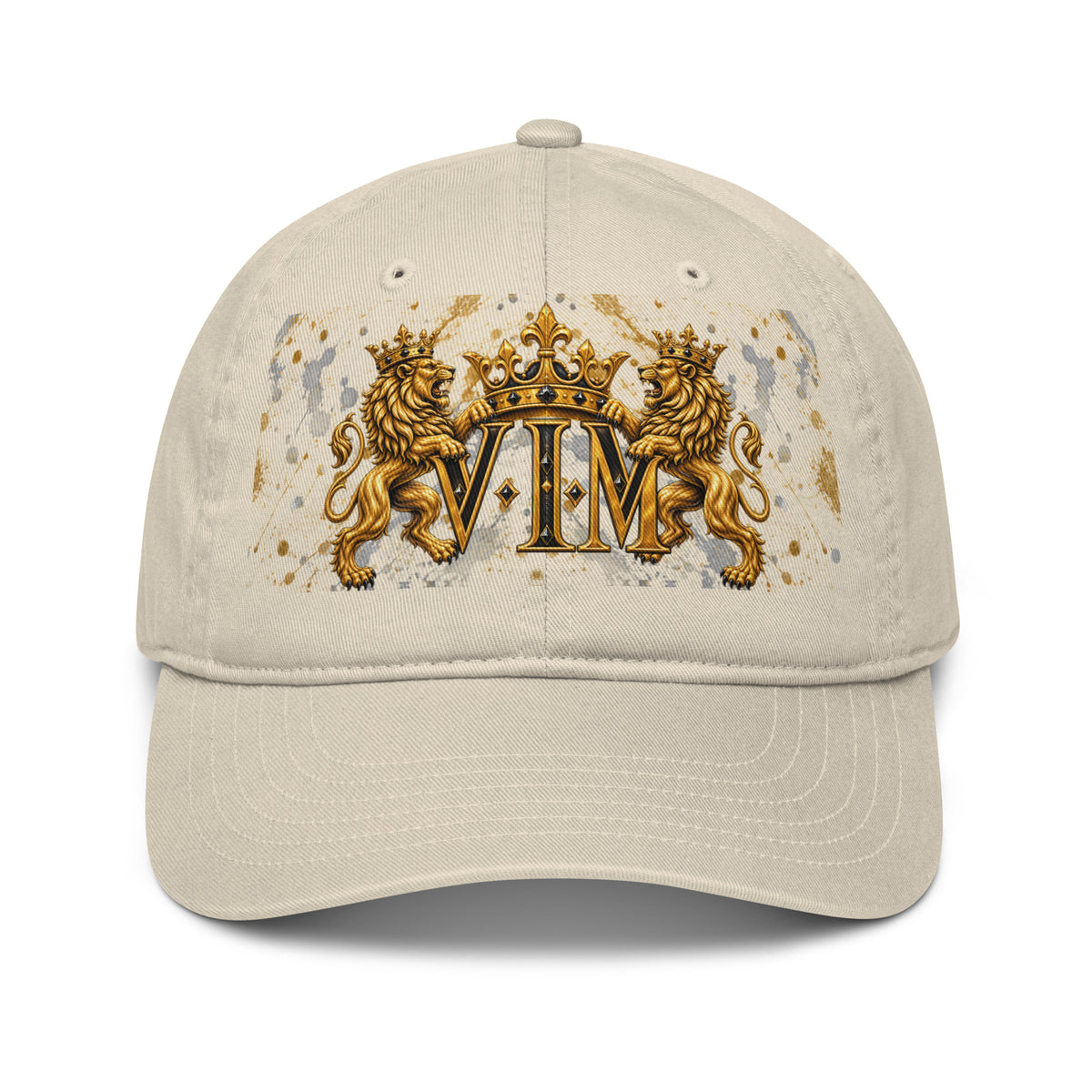 VIM Family Pride Organic Dad Hat for Dads with gold crest and lion design, beige cotton material, adjustable strap, premium
