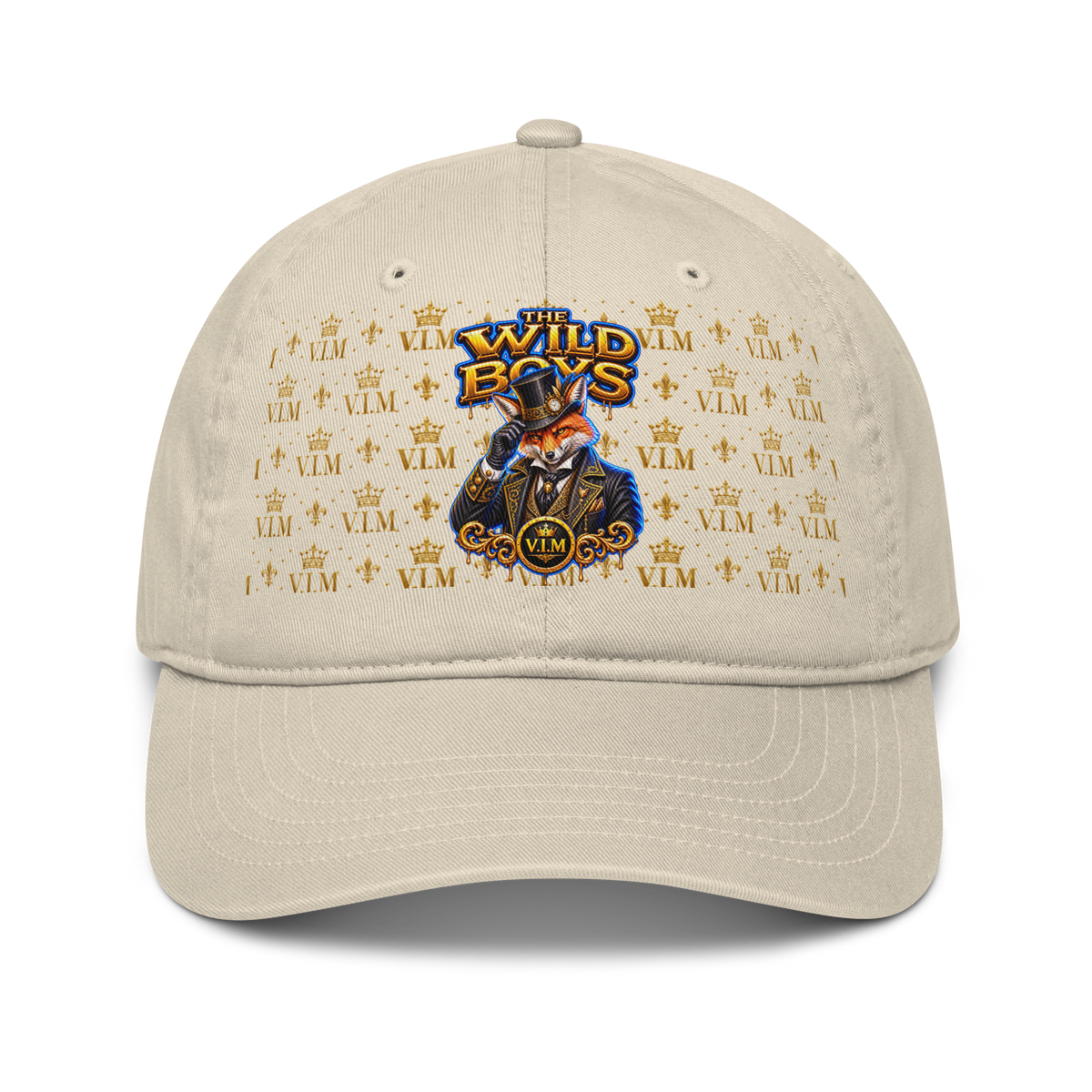 Organic Dad Hat By VIM Wild Boys Canine Edition in beige with embroidered colorful logo, made from 100% organic cotton