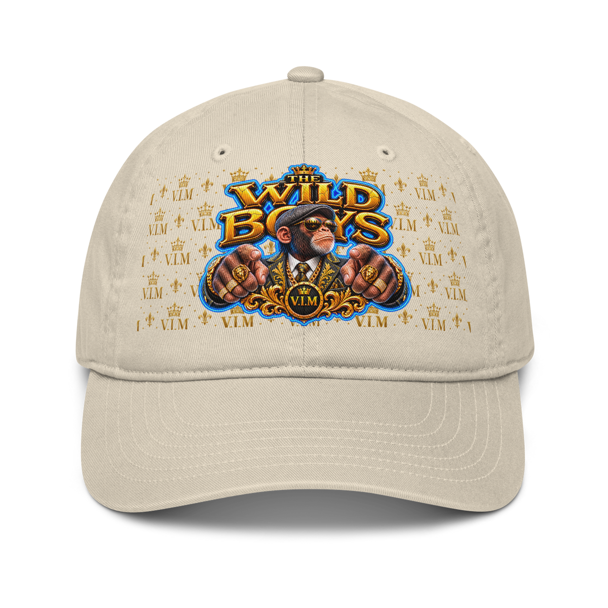 VIM Chimp Theme Dad Hat made of organic cotton, unstructured six-panel cap in beige with colorful graphic print for urban