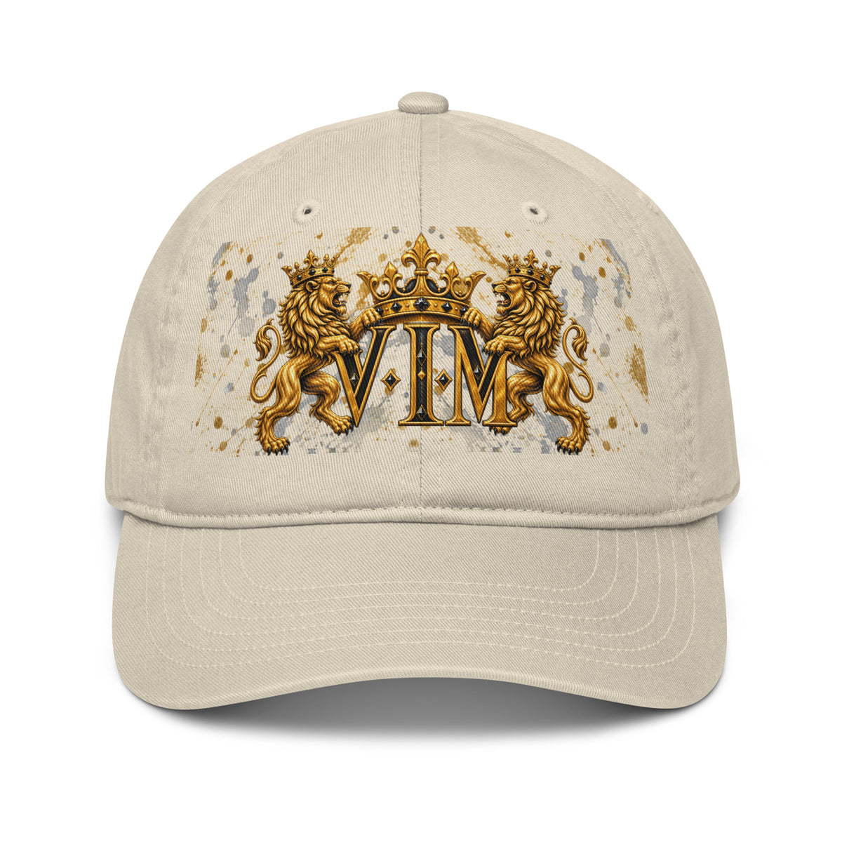 Velvet Ink Market Family Pride Twin Lion Crest Dad Hat in oyster, front view featuring twin gold lions and a crowned VIM crest.