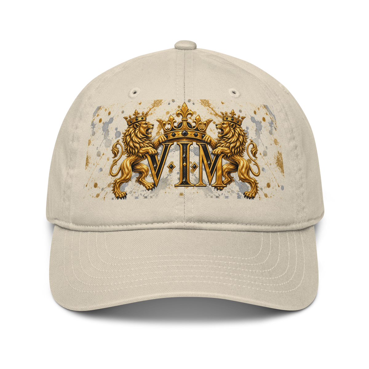 Oyster beige Family Pride dad hat with twin gold lions, crown and VIM lettering, front view