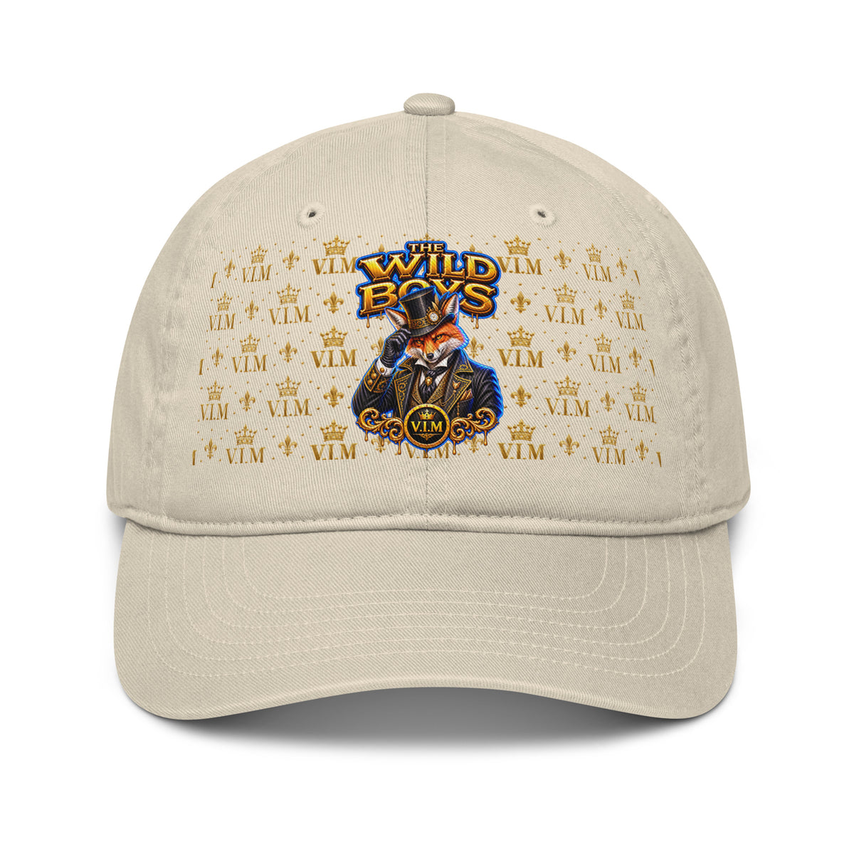 Oyster beige Wild Boys Fox dad hat with orange fox, gold-and-blue lettering and gold V.I.M motifs, front view