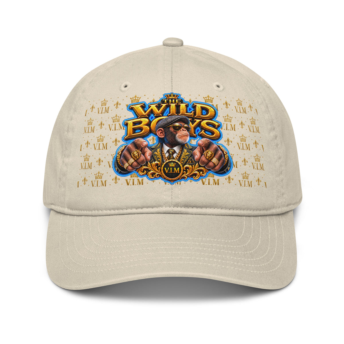 Oyster beige Wild Boys Chimp dad hat with a suited chimp, gold-and-blue lettering and gold V.I.M motifs, front view