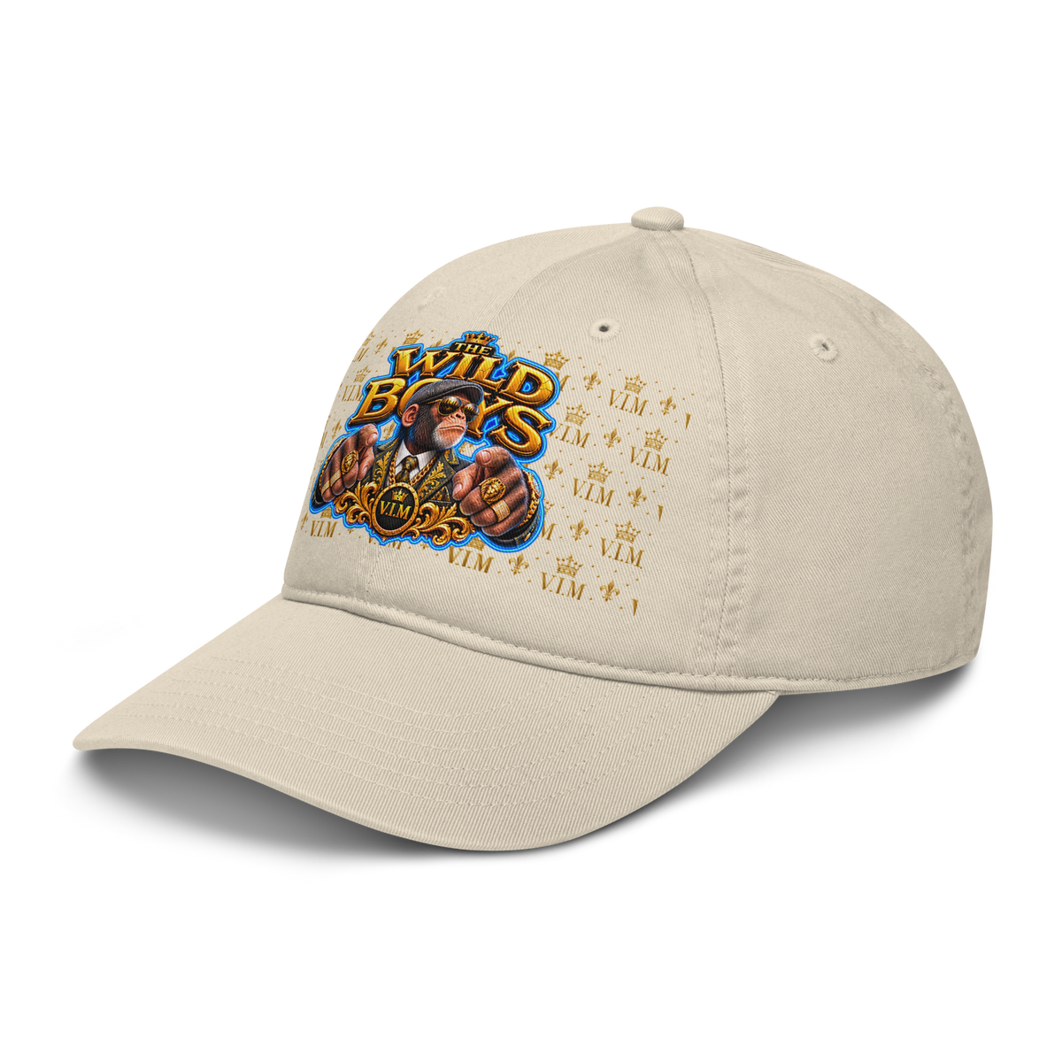 VIM Chimp Theme Dad Hat made of organic cotton, unstructured six-panel cap in beige with colorful graphic design for urban