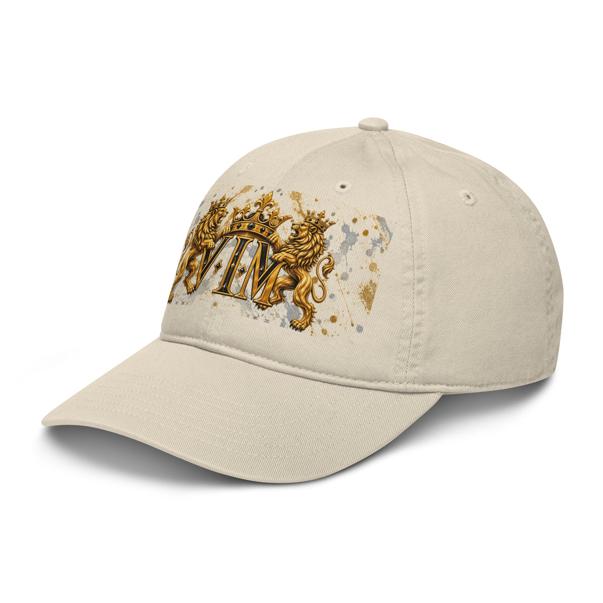 Velvet Ink Market Family Pride Twin Lion Crest Dad Hat in oyster, left front view featuring twin gold lions and a crowned VIM crest.