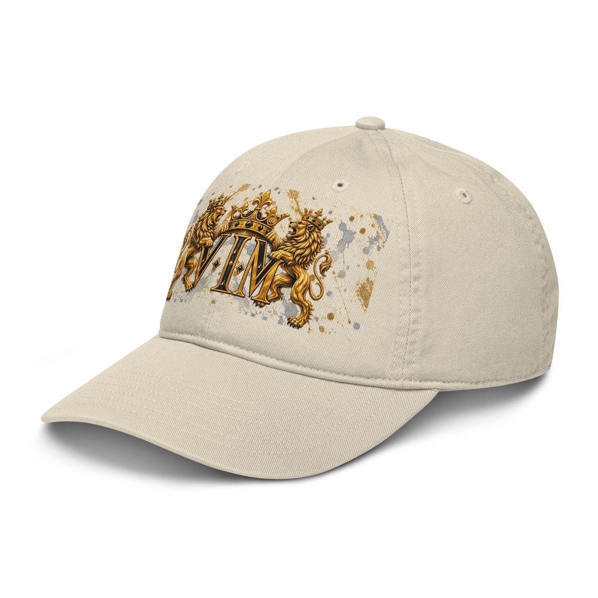 Oyster beige Family Pride dad hat with twin gold lions and crowned VIM crest, angled front view, peak pointing left