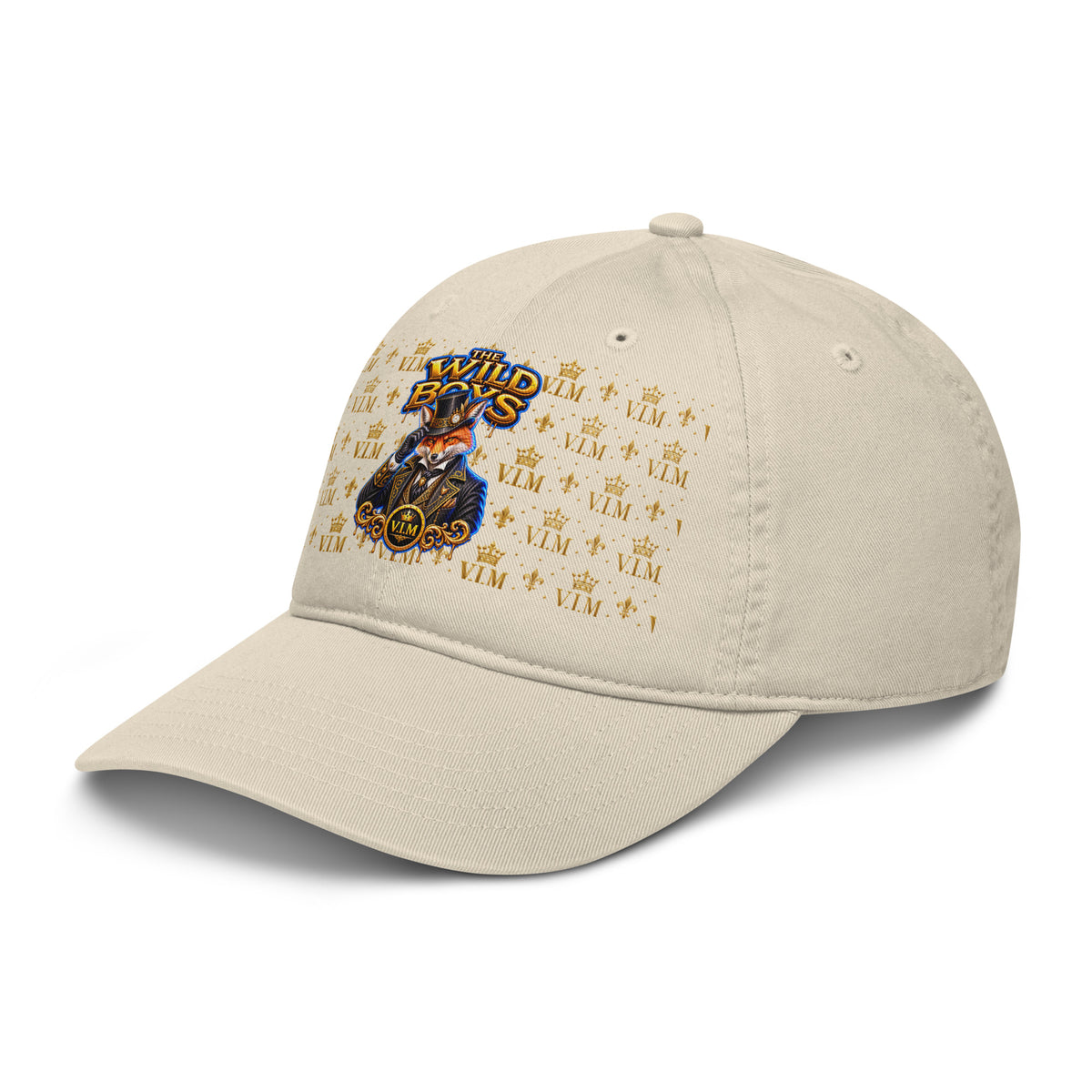 Oyster beige Wild Boys Fox dad hat with orange fox and gold-and-blue lettering, angled front view, peak pointing left