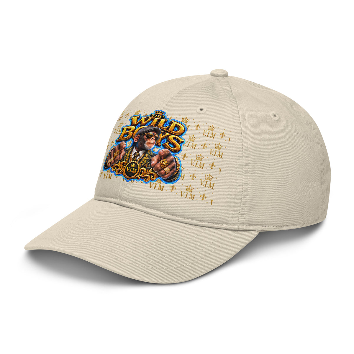 Oyster beige Wild Boys Chimp dad hat with a suited chimp and gold-and-blue lettering, angled front view, peak pointing left