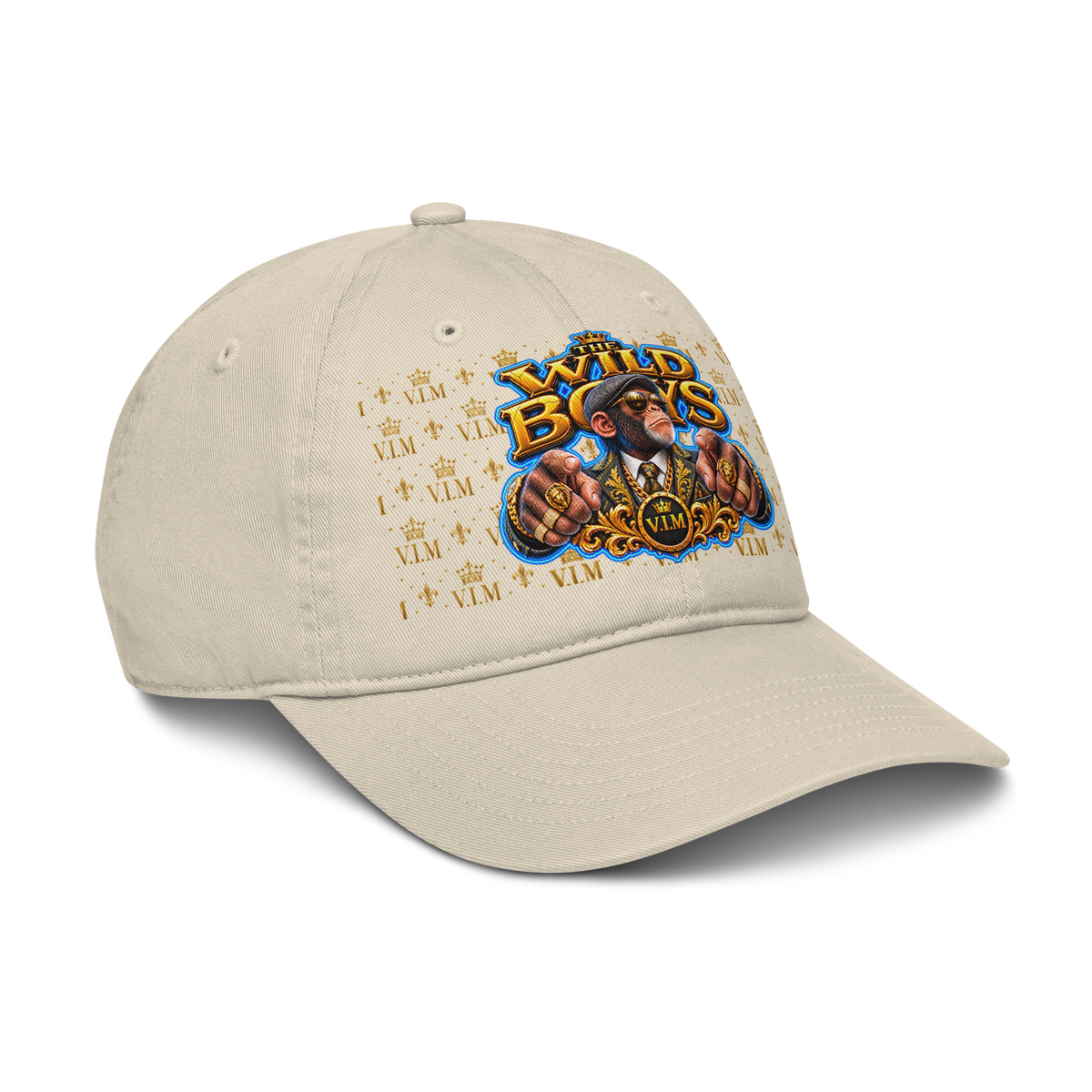 VIM Chimp Theme Dad Hat made of organic cotton, unstructured six-panel cap in beige with colorful graphic design for urban