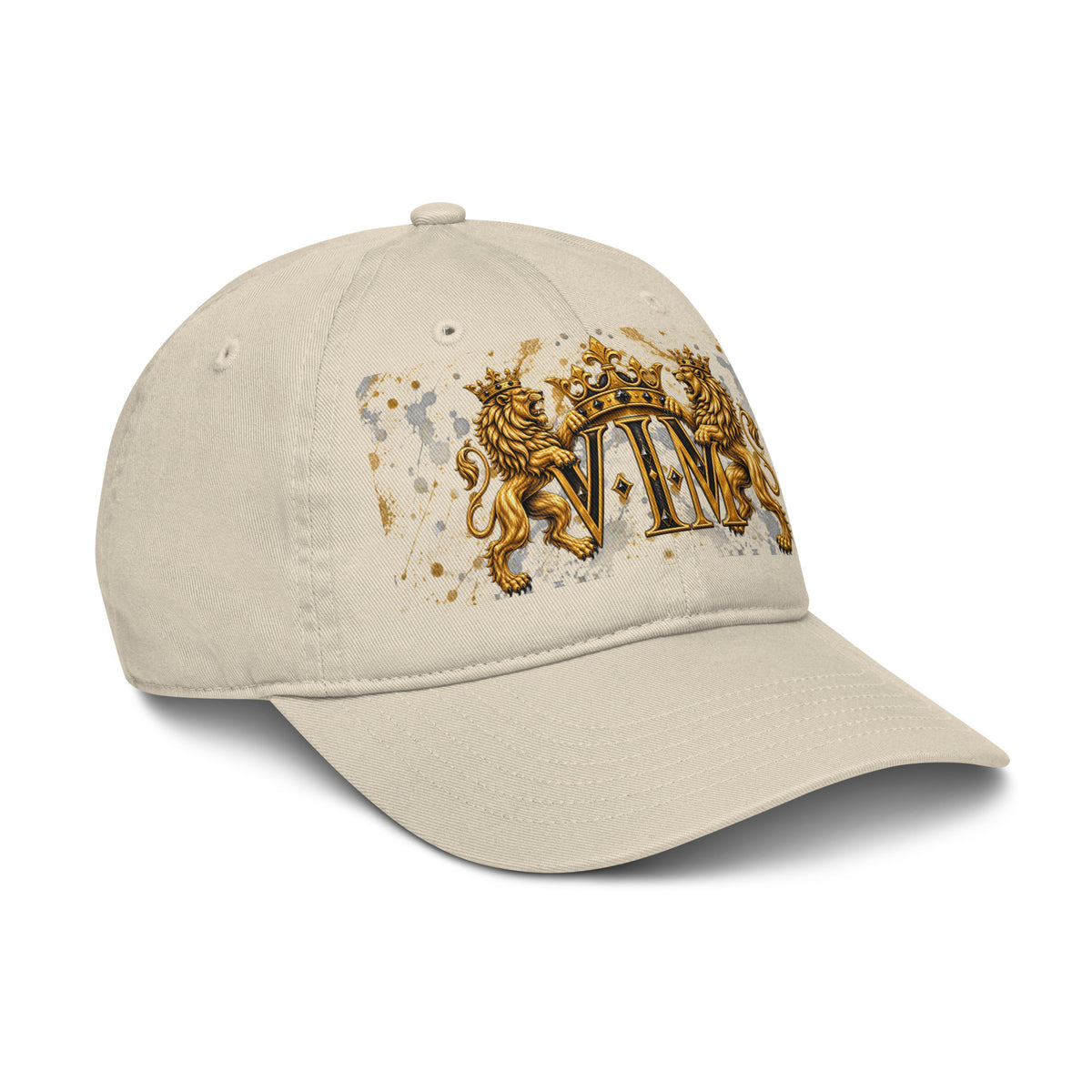 Velvet Ink Market Family Pride Twin Lion Crest Dad Hat in oyster, right front view featuring twin gold lions and a crowned VIM crest.