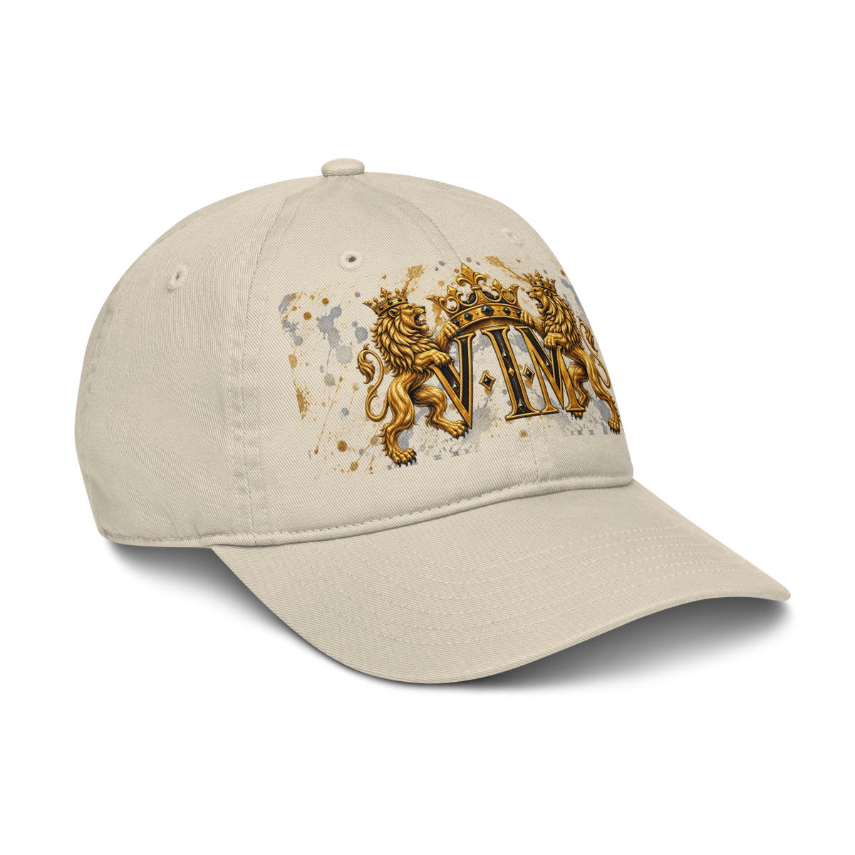 Oyster beige Family Pride dad hat with twin gold lions and crowned VIM crest, angled front view, peak pointing right
