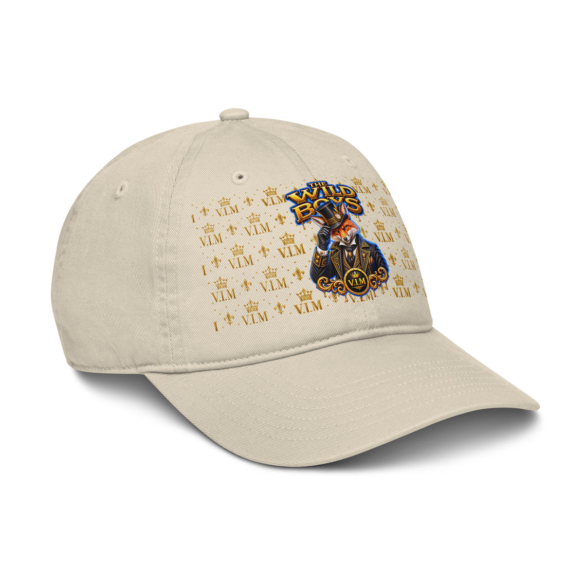 Oyster beige Wild Boys Fox dad hat with orange fox and gold-and-blue lettering, angled front view, peak pointing right